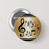 金ゴールド上の楕円形の黒い音符 缶バッジ (正面&裏面)