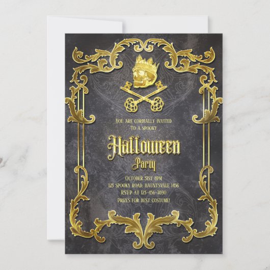 金ゴールド不気味ヴィンテージハローウィンパーティゴシックスカル 招待状 (正面)