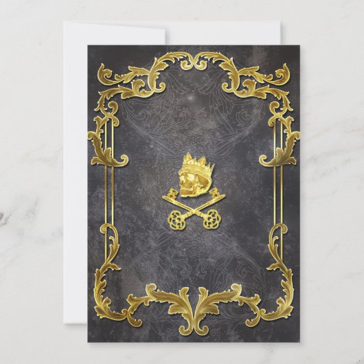 金ゴールド不気味ヴィンテージハローウィンパーティゴシックスカル 招待状 (裏面)