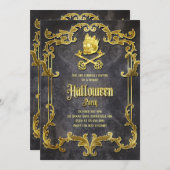 金ゴールド不気味ヴィンテージハローウィンパーティゴシックスカル 招待状 (正面/裏面)