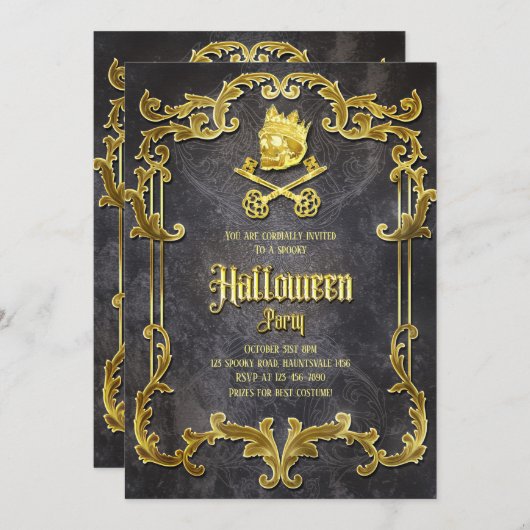 金ゴールド不気味ヴィンテージハローウィンパーティゴシックスカル 招待状 (正面/裏面)