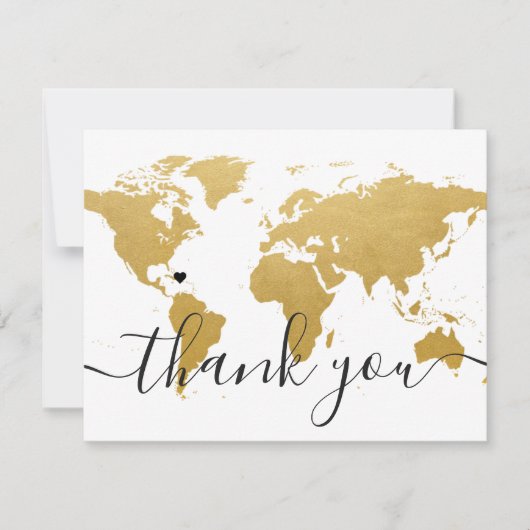 金ゴールド世界地図結婚と写真 サンキューカード (正面)