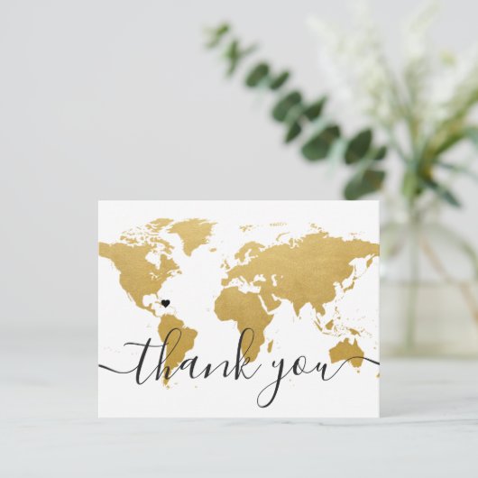 金ゴールド世界地図結婚と写真 サンキューカード (スタンド正面)