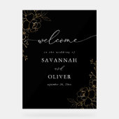 金ゴールド並び結婚フローラの歓迎 – 黒 アクリルサイン (正面)