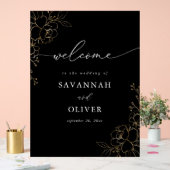 金ゴールド並び結婚フローラの歓迎 – 黒 アクリルサイン (ウェディング)