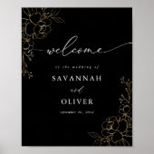 金ゴールド並結婚びフローラのウェルカムサイン – 黒 ポスター (正面)