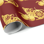 金ゴールド中国の紙カットラット果実付き2新年W ラッピングペーパー (ロールコーナー)