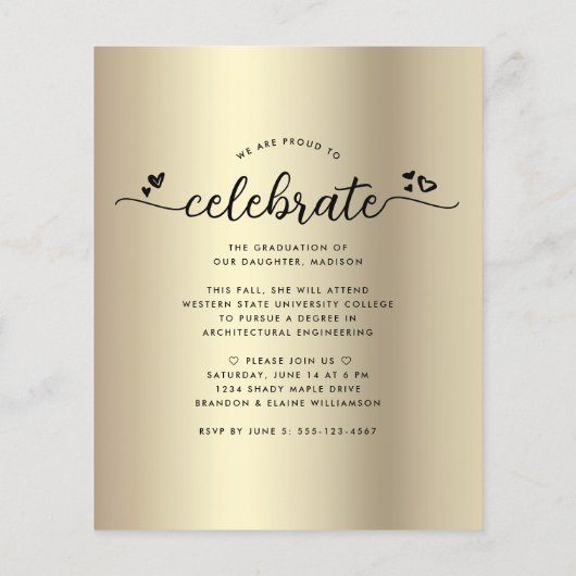 金ゴールド予算フォト卒業スクリプトハート招待状 (裏面)