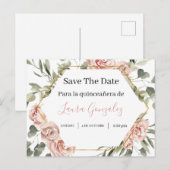 金ゴールド付きバラフレーム日付を保存するQuinceaenera インビテーションポストカード (正面/裏面)