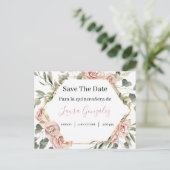 金ゴールド付きバラフレーム日付を保存するQuinceaenera インビテーションポストカード (スタンド正面)