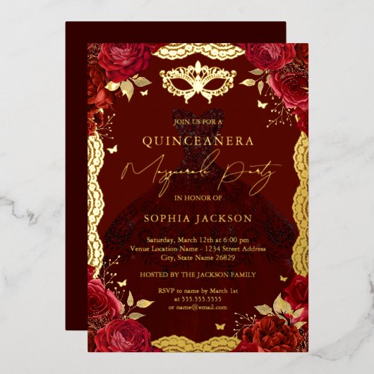 金ゴールド仮装パーティーレッドローズドレスキンセアニェラ 箔招待状 (正面/裏面)
