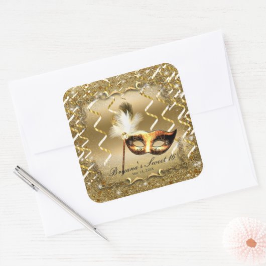 金ゴールド仮装マスクエレガントボール誕生日パーティー スクエアシール (封筒)