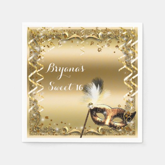 金ゴールド仮装マスクエレガントボール誕生日パーティー スタンダードカクテルナプキン (正面)