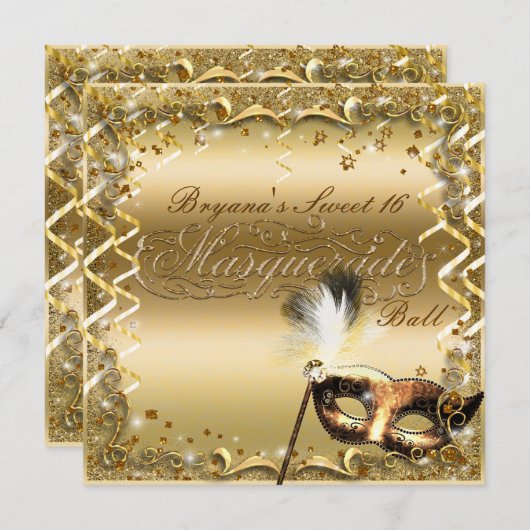 金ゴールド仮装マスクエレガントボール誕生日パーティー 招待状 (正面/裏面)