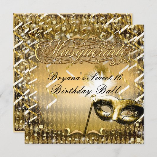 金ゴールド仮面仮面エレガントな誕生日パーティー 招待状 (正面/裏面)