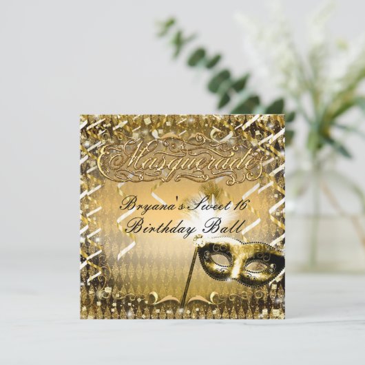 金ゴールド仮面仮面エレガントな誕生日パーティー 招待状 (スタンド正面)