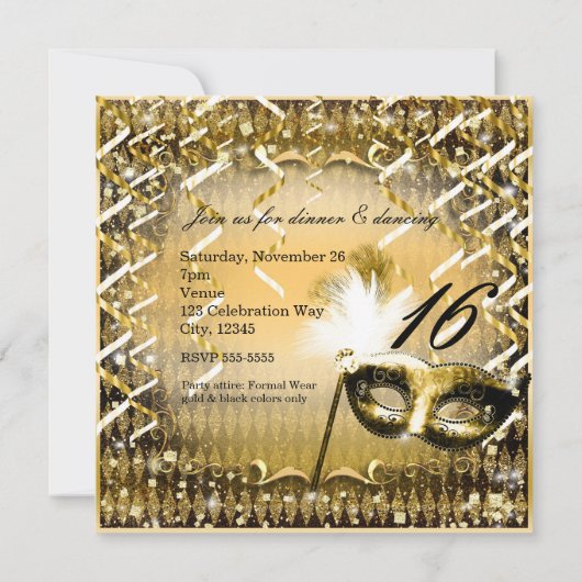 金ゴールド仮面仮面エレガントな誕生日パーティー 招待状 (裏面)