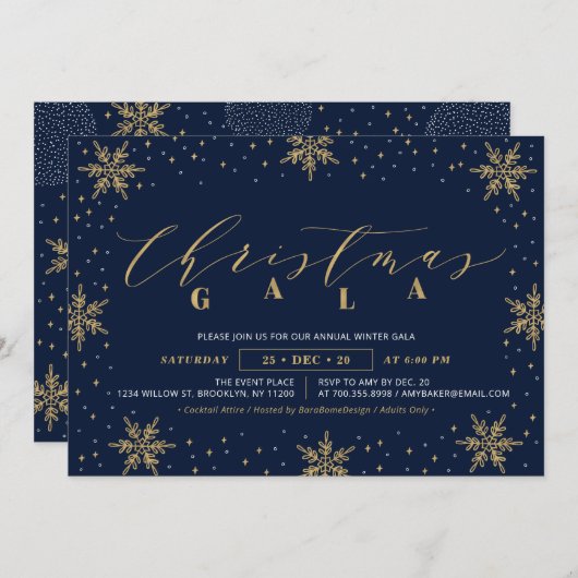 金ゴールド企業のクリスマスガラホリデーパーティー 招待状 (正面/裏面)