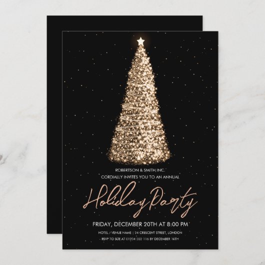 金ゴールド企業のクリスマスツリーホリデーパーティー 招待状 (正面/裏面)