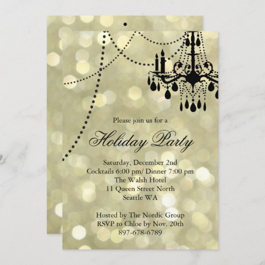 金ゴールド企業のシャンデリアホリデーパーティー招待状 招待状 (正面/裏面)