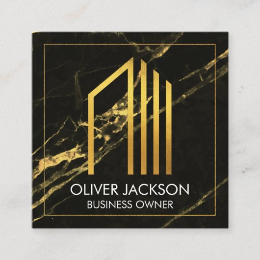 金ゴールド企業アイコン | 黒い金ゴールド大理石の背景 スクエア名刺 (正面)