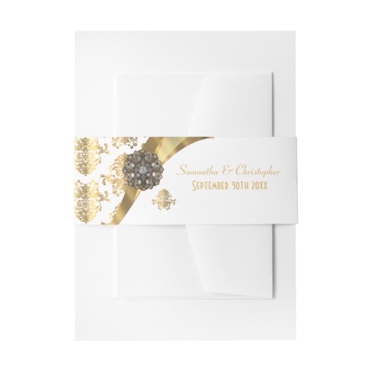 金ゴールド伝統的とホワイトダマスクの結婚式 招待状ベリーバンド (正面例)