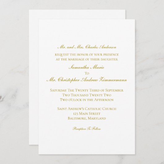 金ゴールド伝統的クラシックエレガフォーマルントウェディング 招待状 (正面/裏面)