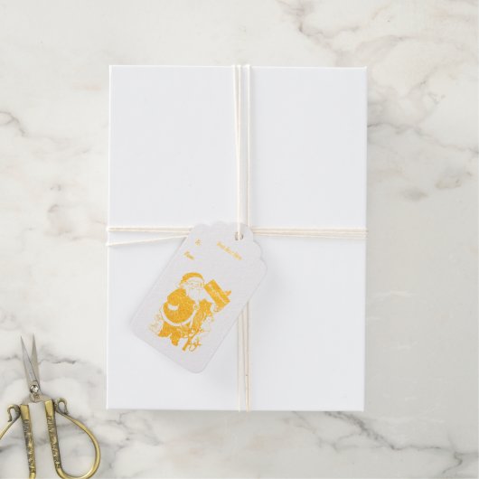 金ゴールド伝統的サンタ・アニマルズ・メリークリスマス ギフトタグ (麻糸付属)