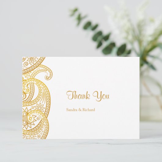 金ゴールド伝統的ペイズリー結婚インディアン サンキューカード (スタンド正面)