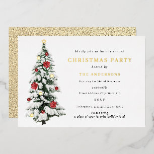 金ゴールド伝統的水色ツリーのクリスマスパーティー 箔招待状