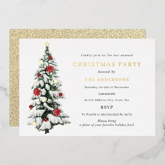 金ゴールド伝統的水色ツリーのクリスマスパーティー 箔招待状 (正面/裏面)