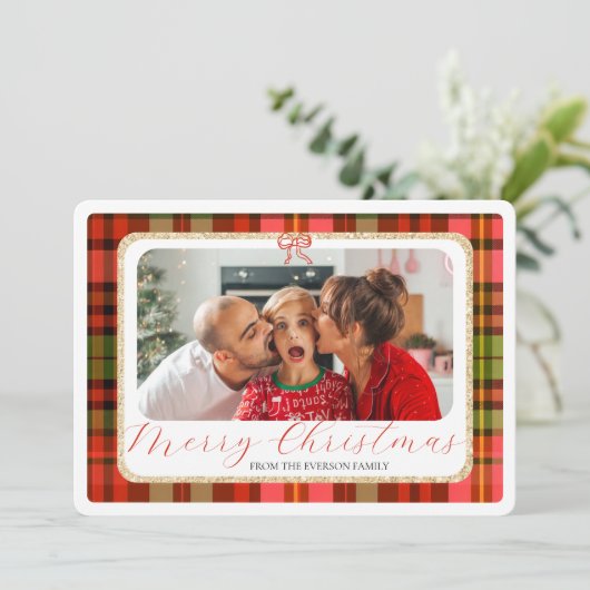 金ゴールド伝統的赤の格子模様の写真メリークリスマス シーズンカード (スタンド正面)