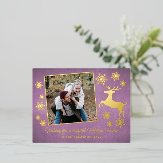 金ゴールド伝統的鹿と雪片パターン 箔シーズンポストカード (立ち正面)