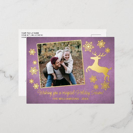 金ゴールド伝統的鹿と雪片パターン 箔シーズンポストカード (正面/裏面)