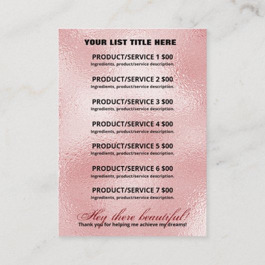 金ゴールド価格表の製品範囲の原料のドリップ 名刺 (裏面)