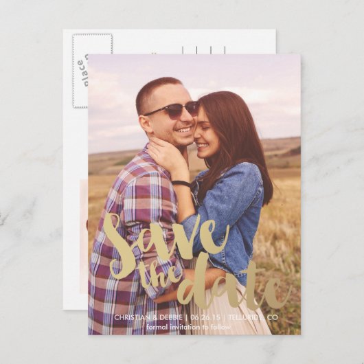 金ゴールド保存の日付//セーブ・ザ・デート案内 案内ポストカード (正面/裏面)