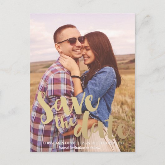 金ゴールド保存の日付//セーブ・ザ・デート案内 案内ポストカード (正面)