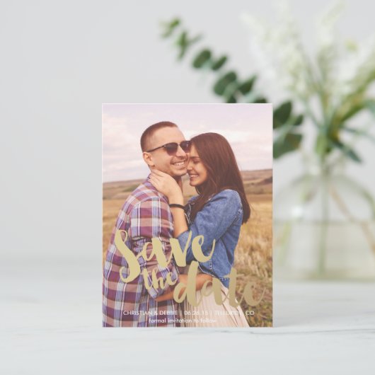 金ゴールド保存の日付//セーブ・ザ・デート案内 案内ポストカード (スタンド正面)