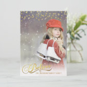 金ゴールド信じフェイクグリッター紙吹雪ホリデーフォト シーズンカード (スタンド正面)