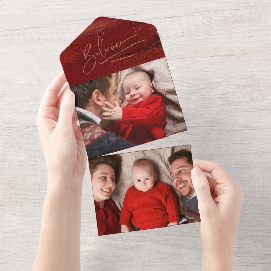 金ゴールド信じ書書、キラキラ写真 – 赤BG オールインワン招待状 (貼ってはがせる)