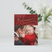 金ゴールド信じ書書、キラキラ写真 – 赤BG シーズンポストカード (スタンド正面)