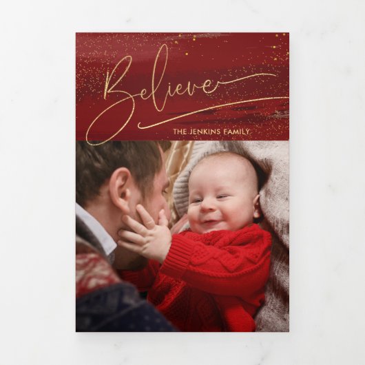 金ゴールド信じ書書、キラキラ写真 – 赤BG 三つ折りカード (カバー)