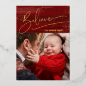 金ゴールド信じ書書、キラキラ写真 – 赤BG 箔シーズンカード (正面)