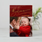 金ゴールド信じ書書、キラキラ写真 – 赤BG 箔シーズンカード (立ち正面)