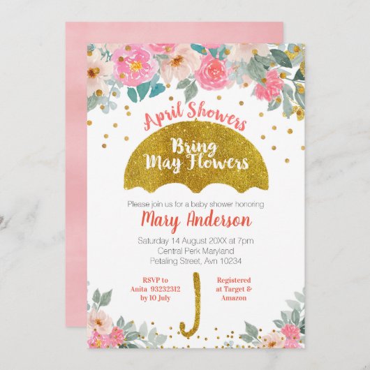 金ゴールド傘の4月にシャワーがメイの花をもたらす 招待状 (正面/裏面)