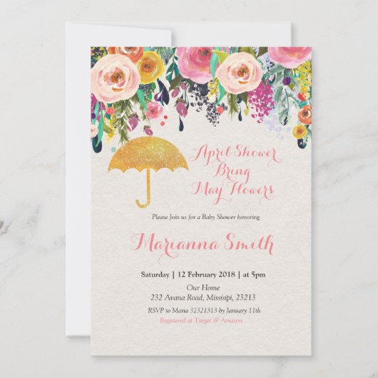 金ゴールド傘4月シャワー五月花をもたらす 招待状 (正面)