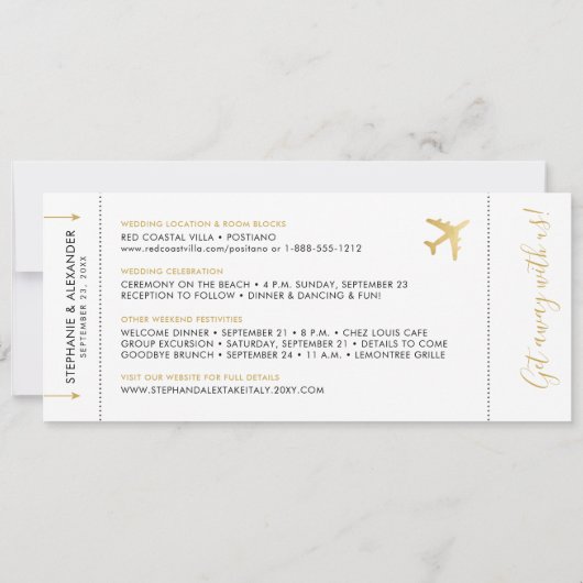 金ゴールド先結婚式の飛行機の搭乗券 セーブザデート (裏面)