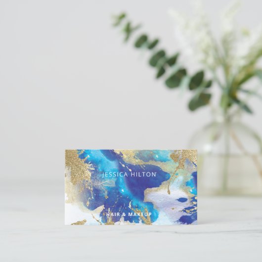 金ゴールド光エレガント輝抽象芸術水色洗浄bu 名刺 (スタンド正面)