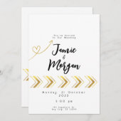 金ゴールド光沢のあるハート矢印ホワイト結婚式招待状 招待状 (正面/裏面)