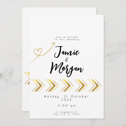 金ゴールド光沢のあるハート矢印ホワイト結婚式招待状 招待状 (正面/裏面)